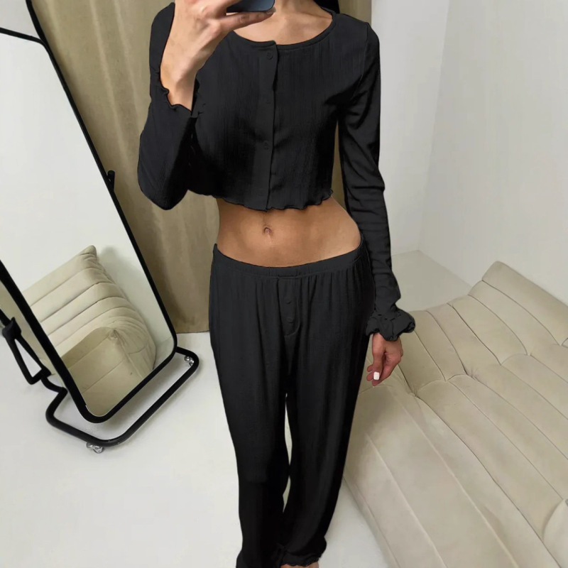 欧美跨境女装针织提花长袖开衬上衣阔腿长裤套装外穿休闲家居服女|undefined