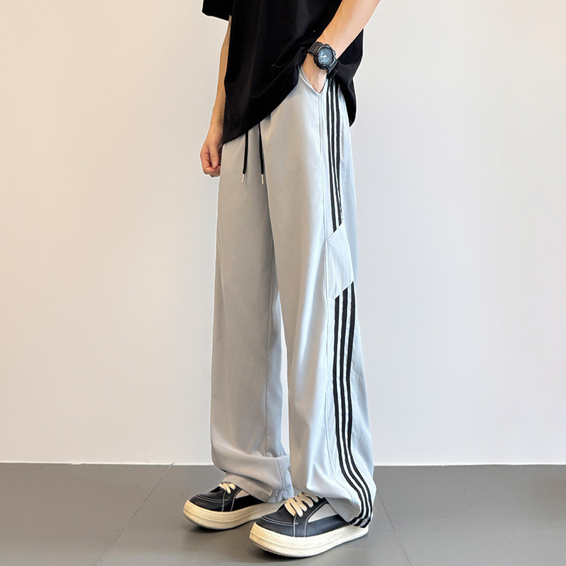 Men's Summer 2025 New Straight Casual Pants Trendy Brand Striped Sweatpants Ins Drape Ice Silk Floor-Length Pants