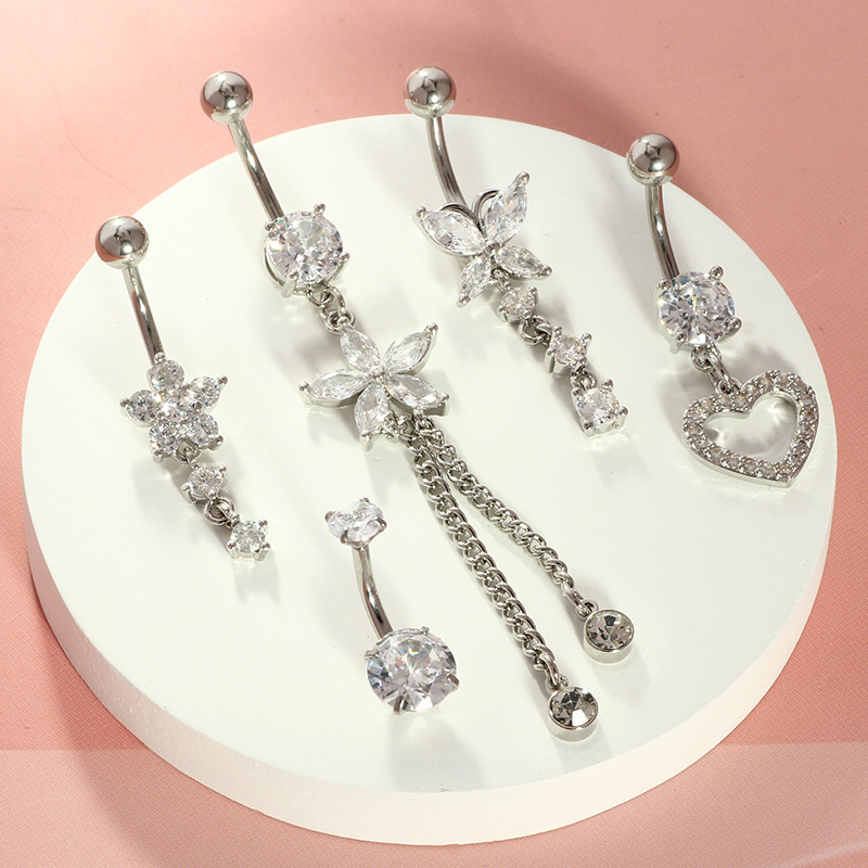 Love Zircon Heart Belly Button Ring Set – 5-Piece Navel Piercing Jewelry for Women detail image 7