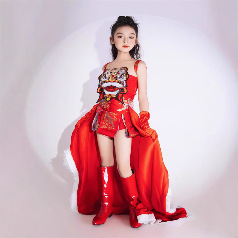 Girls just red catwalk show clothing national style fashion clothing 9 red dragon lion 8PK performance clothing jumpsuit summer lion dance 8