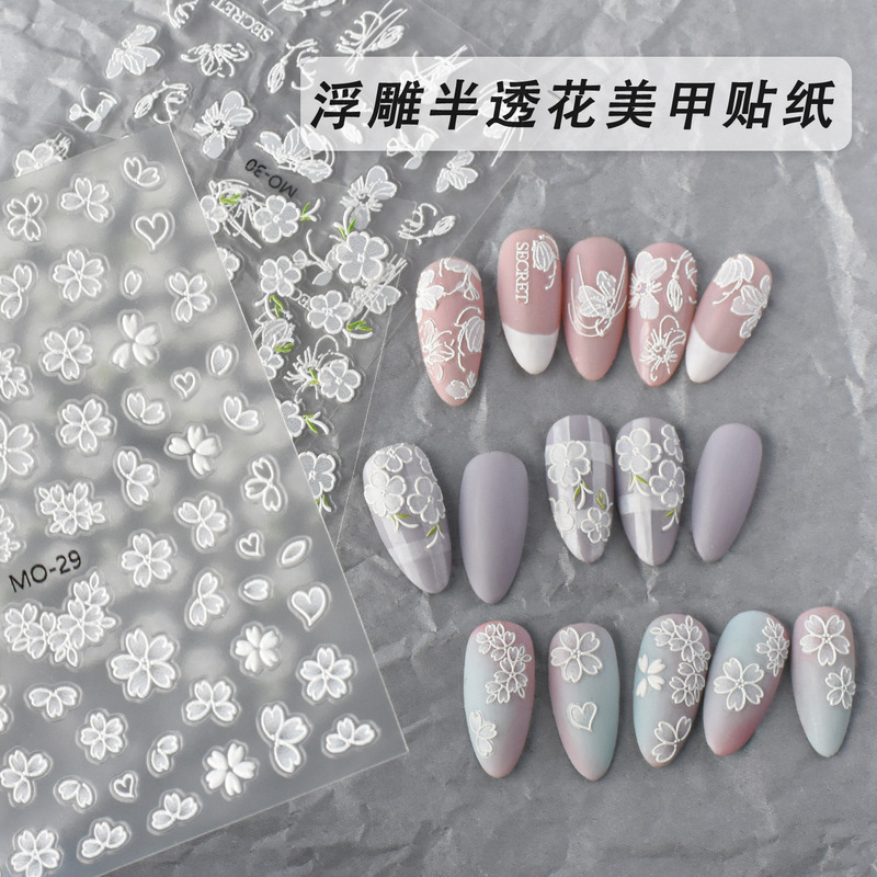 Online celebrity New embossed flower nail stickers 5D three-dimensional Japanese cherry blossom five-petal flower white semi-transparent nail decals