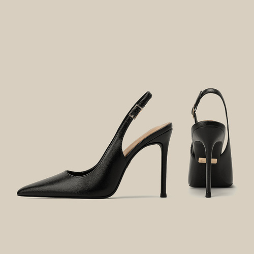 Handmade high-heeled shoes, women's thin heel, hollow pointed rear sandals, comfortable leather sole, not tiring women's feet