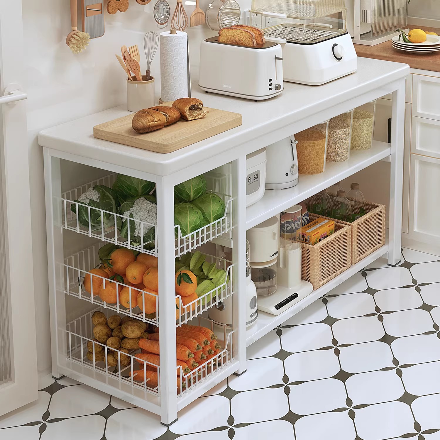 Estante de almacenamiento de cocina multifuncional mesa de corte de verduras para horno de microondas estante de almacenamiento de utensilios y mesa multicapa para cestas de verduras