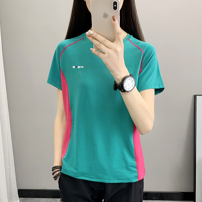 Quick-drying T-shirt Crewneck Skin-friendly Elastic Outdoor Sports Women's Breathable Short-sleeved Contrast Color Stitching Sweat-wicking Quick-drying Top