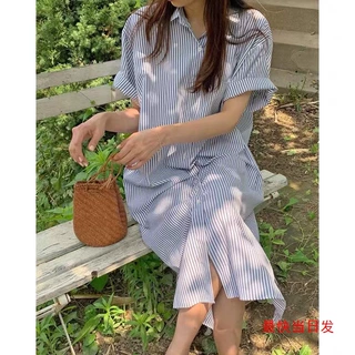 韩系休闲海洋条纹连衣裙2022新款春连衣裙气质设计通勤衬衫