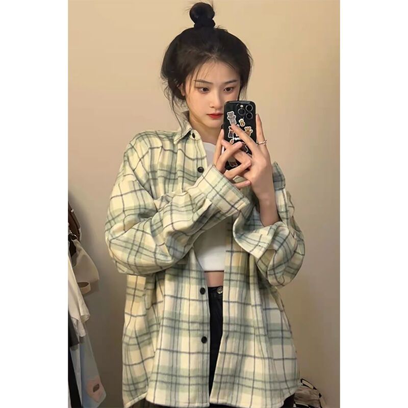Chanel-Style Mint Green Retro Plaid Long-Sleeve Shirt for Women, Autumn Thin Design, Loose Versatile Jacket for Outerwear Chanel-Style Mint Green Retro Plaid Long-Sleeve Shirt for Women, Autumn Thin Design, Loose Versatile Jacket for Outerwear