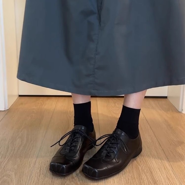 Cowhide Version ~ Retro Square Head Lace-up Leather Single Shoes Women's Ballet Style All-match Comfortable German Training Shoes Fashion Small Leather Shoes