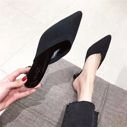 Half slippers for women, 2025 summer new style knitted thick heel sandals, net red muller shoes, pointed high heels for women