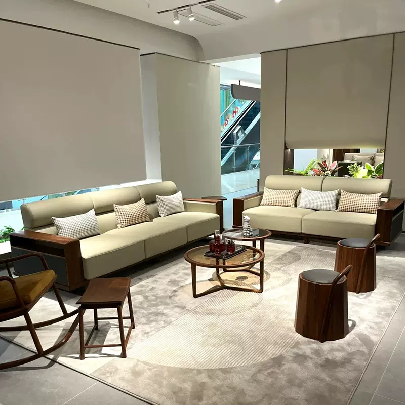 新中式黑胡桃木真皮沙发2025新款高端现代简约客厅家用实木沙发