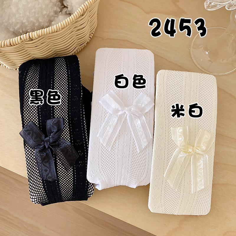 Medias de malla delgadas de verano blanco encaje vertical arco JK Lolita largo dulce encantador red de pesca hueca
