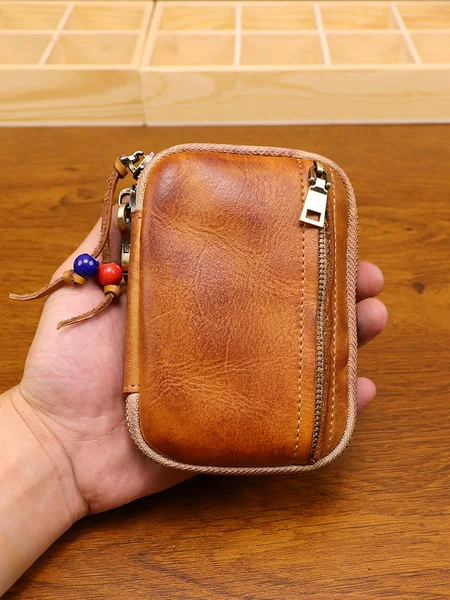 New Vegetable-Tanned Leather Handmade Distressed First-Layer Cowhide Key Bag Unisex Zipper Card Holder Large Capacity Key Bag