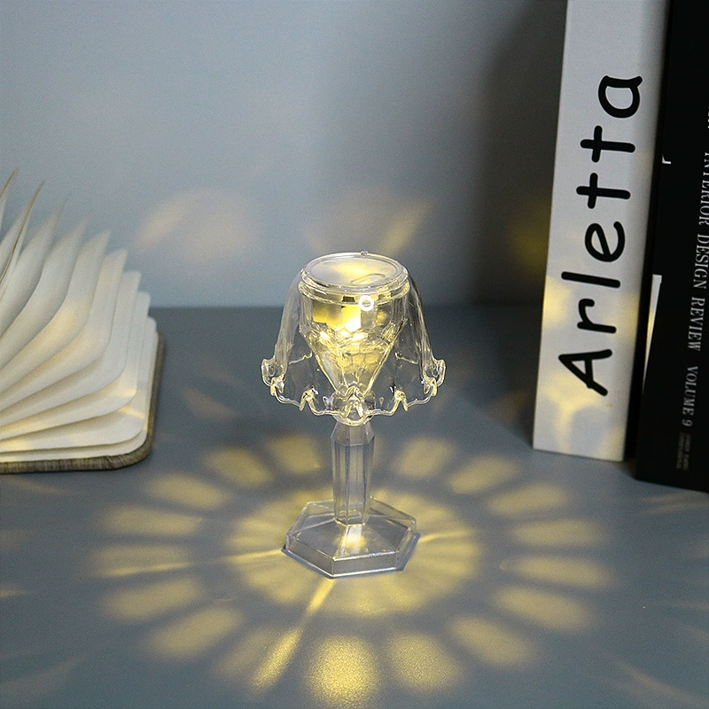 Transparent LED projector table lamp, electronic night light, battery‑powered (3×AG13), multiple styles