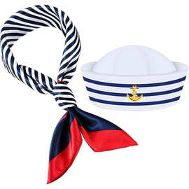 蓝条纹水手帽套装方巾白条纹水手海军帽船长角色扮演游艇派对帽子