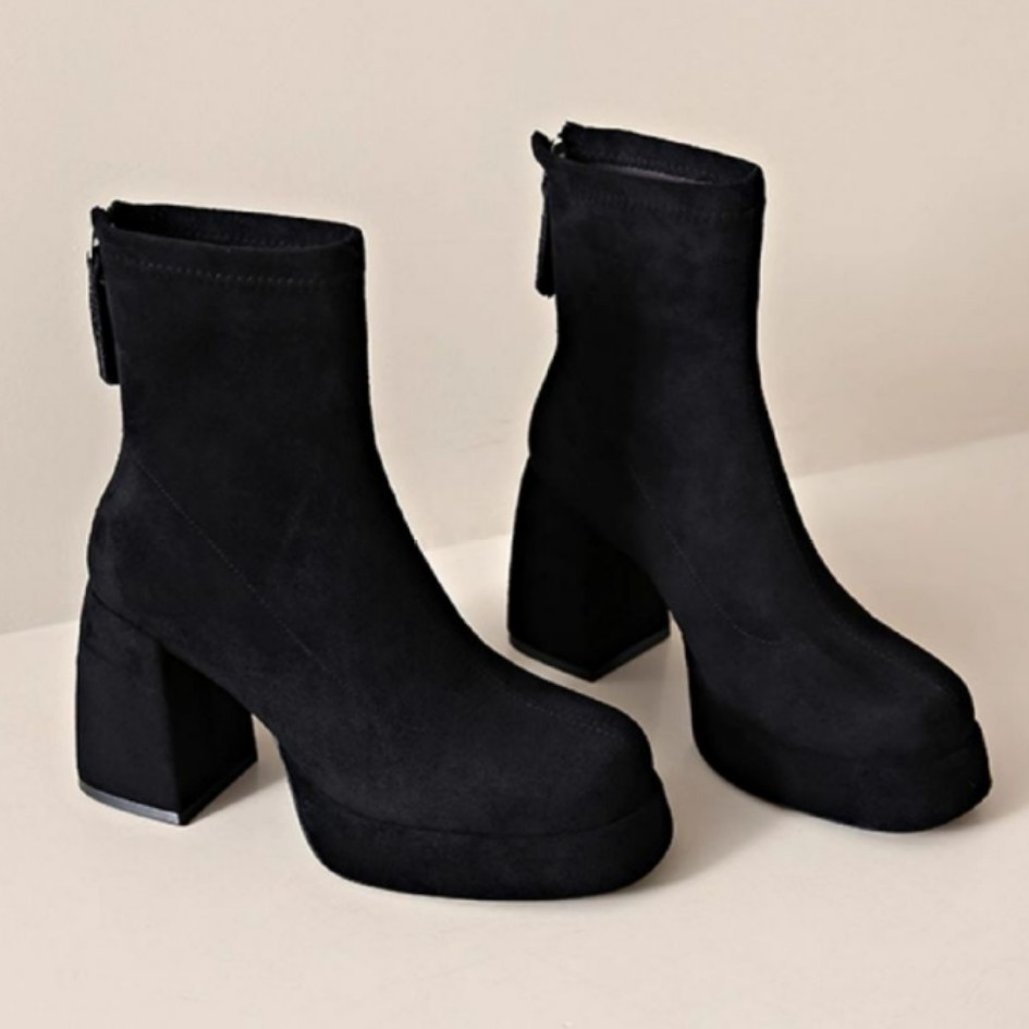 Botas de cano curto estilo francês para mulheres, modelo 2025, com plataforma, sola grossa de camurça impermeável e design fino, ideais para outono e inverno. Versáteis._voghion.com