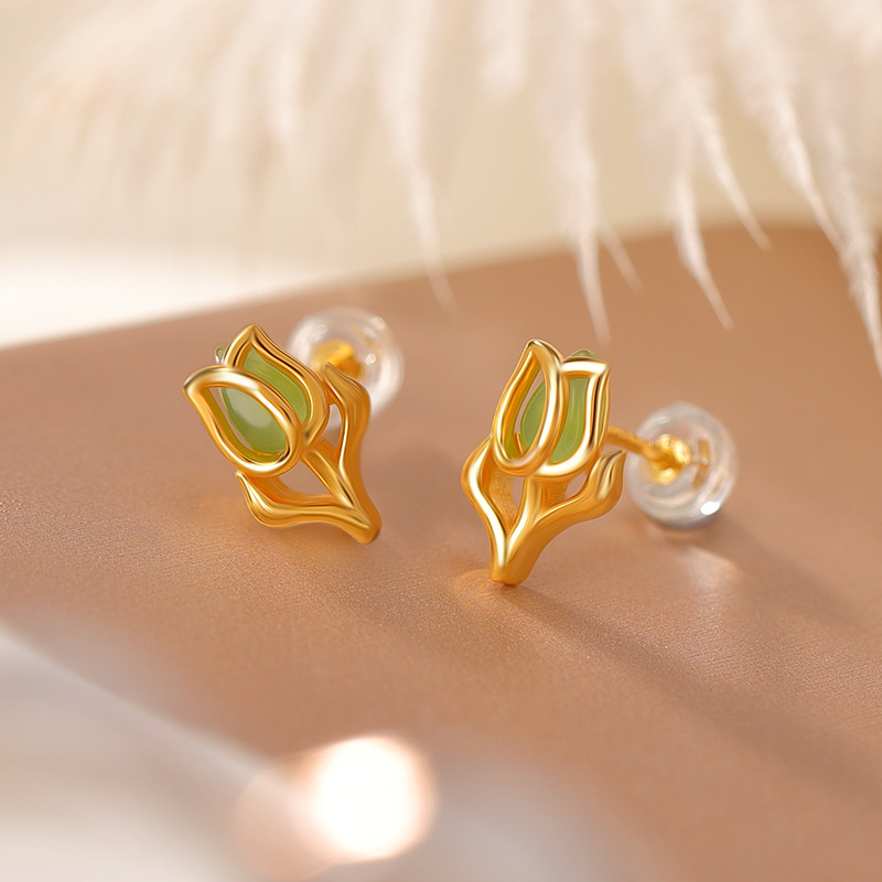 Khuyên tai nữ bạc S925 mạ vàng đính đá ngọc bích hình giọt nước phong cách retro — Kiểu màu bạc