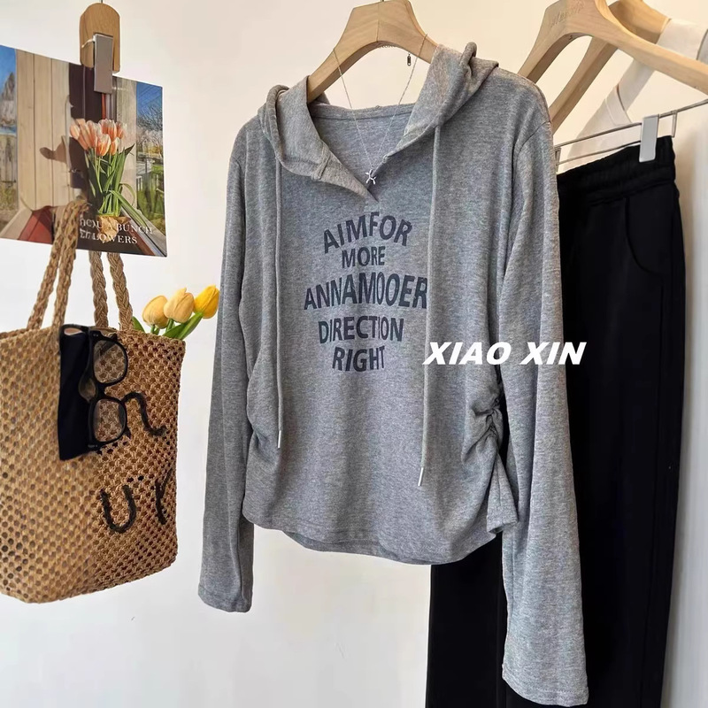 Plus Size 100kg Autumn Linen-Feel Cotton Letter Print Hooded Long-Sleeve T-Shirt Women's Stylish Slim-Fit Top Plus Size 100kg Autumn Linen-Feel Cotton Letter Print Hooded Long-Sleeve T-Shirt Women's Stylish Slim-Fit Top