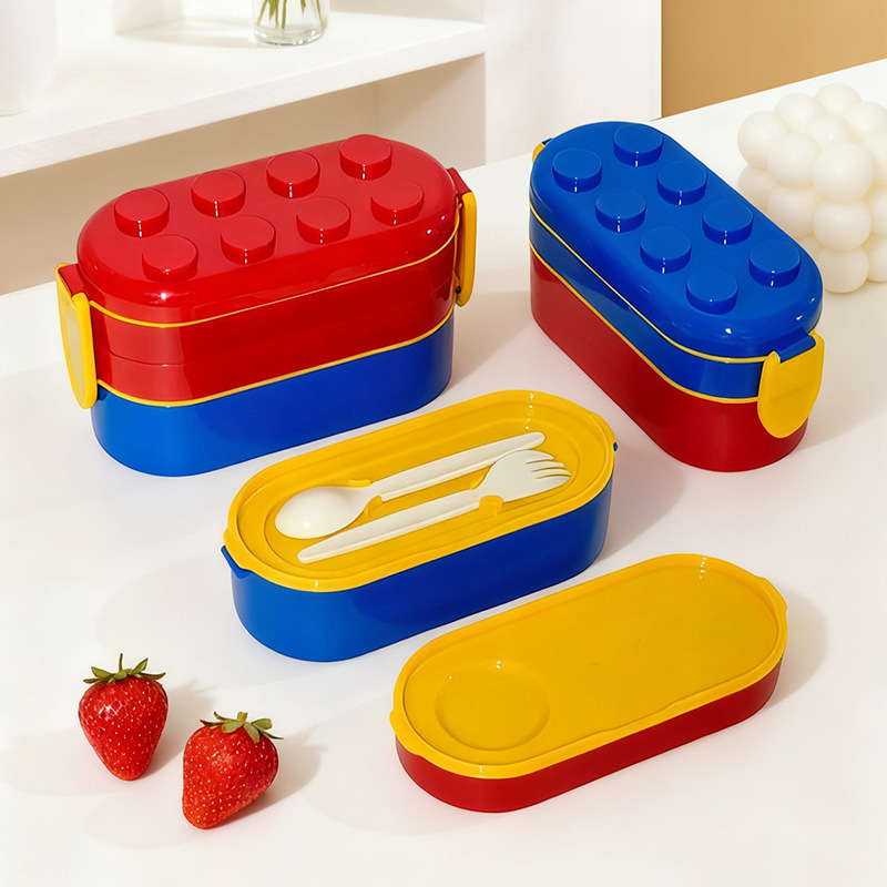 三层积木饭盒塑料上班族可微波炉便当盒学生儿童沙拉盒带餐具