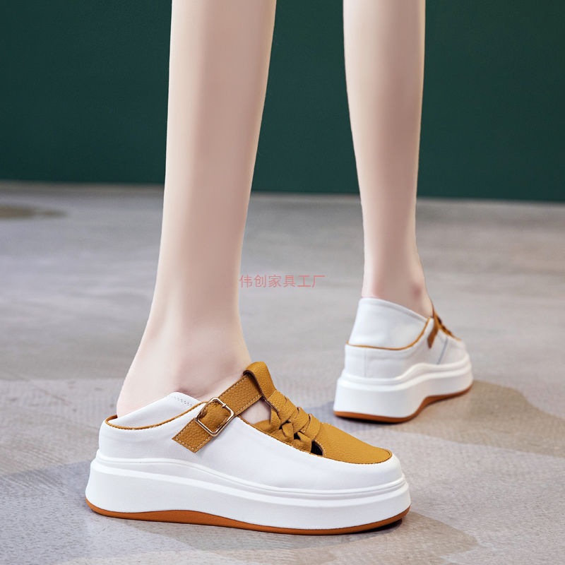 Two-Wear Baotou Sandals for Women Genuine Leather 2025 New Summer Cut Out Breathable Versatile Thick-Soled Inner Heightening White Shoes
