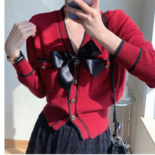 韓版時尚小香蝴蝶結針織開衫外套2022春季新款減齡寬松圓領毛衣
