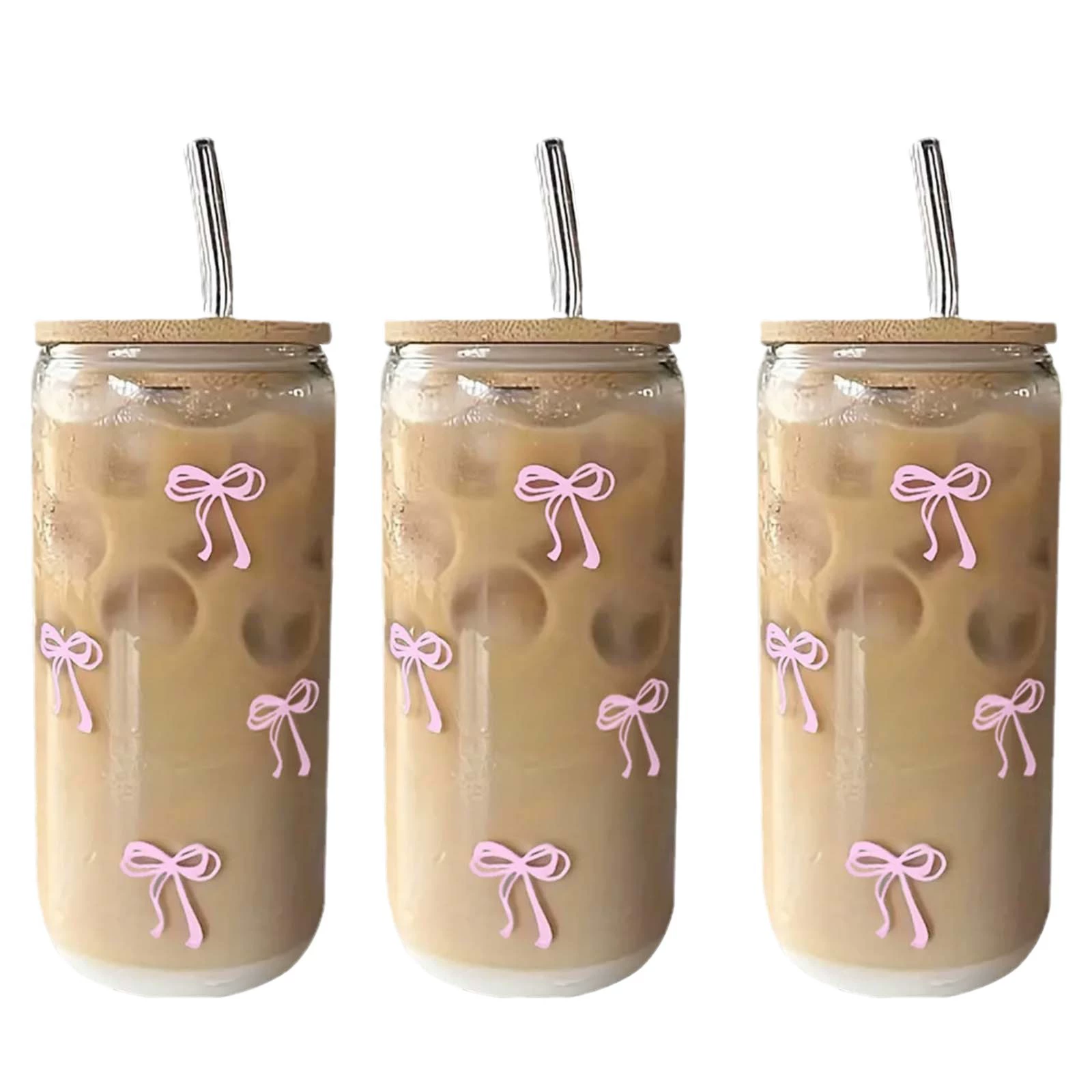 Стеклянный стакан 16 oz, вместительный кола-стиль с рисунком бантиков и стеклянной трубочкой