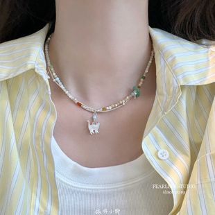 Dopamine Double-Layer Colorful Beaded Cat Necklace Summer Sweet Fresh Clavicle Chain Female Internet Celebrity Versatile Choker