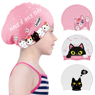 Children's swimming cap cute printed silicone swimming cap professional waterproof comfortable head group cat printing cap wholesale factory