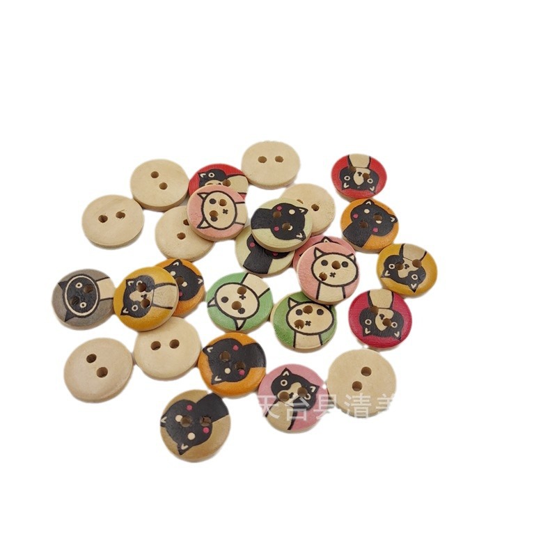 Botón mezclado animal del gato de la historieta 100 un paquete botón de madera Animal de la historieta natural de 15m
