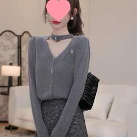 韩版时尚领挂脖针织衫女秋冬季洋气减龄百搭毛衣设计感小众上衣