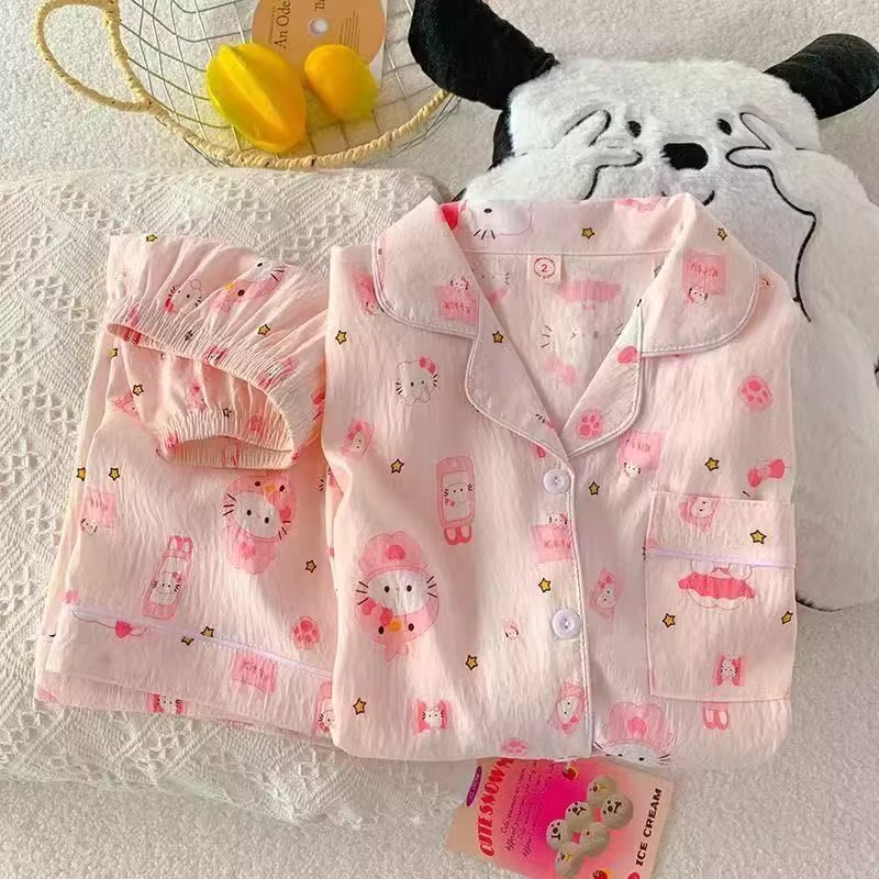 Impresión de dibujos animados pantalones cortos de manga corta de dos piezas de verano nuevo pijamas de algodón nubes de niñas vestidos de hogar de talla grande