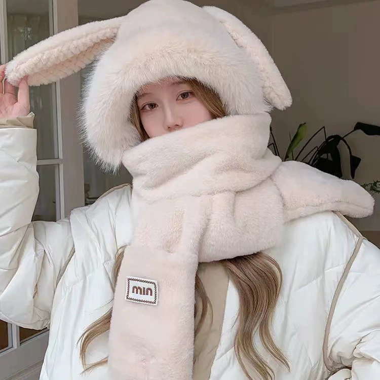 Winter rabbit, hat, keep warm scarf, cute plush gloves with hood, set, 3 piece set