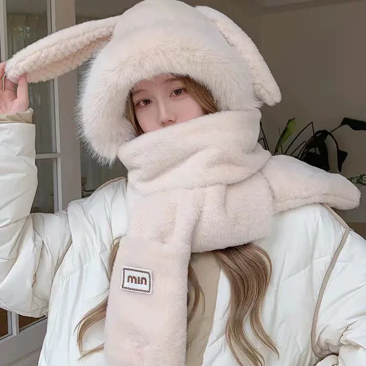 Winter rabbit, hat, keep warm scarf, cute plush gloves with hood, set, 3 piece set