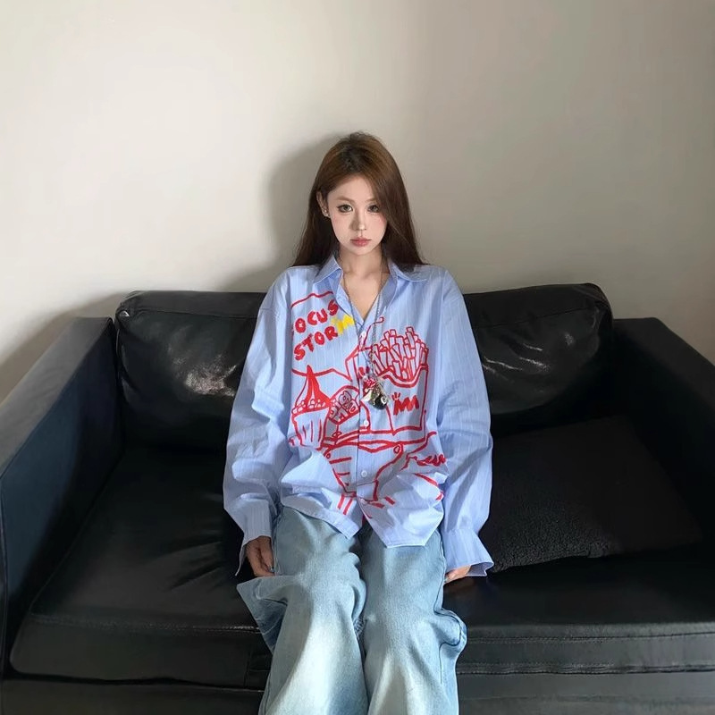 American Style High Street Style Chic Long Sleeve Shirt Women's Spring and Autumn Thin Loose Design Sense Cartoon Printed Casual Shirt