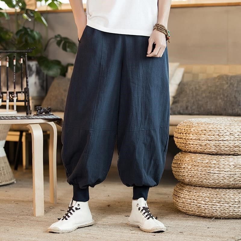 Pantalones de traje Tang, pantalones de monje de algodón y lino de estilo chino para hombre