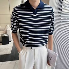 2025针织polo衫男日常百搭短袖夏季翻领简约半袖轻熟休闲条纹上衣