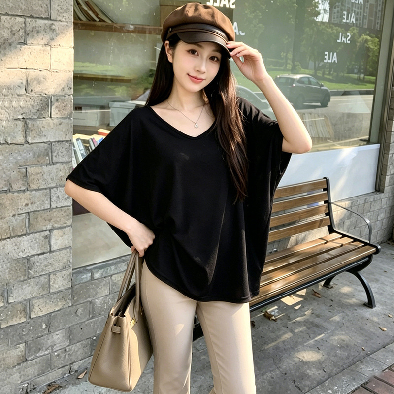 V-Neck Loose Fit Slimming Lazy Style Relaxed Vibe Batwing Sleeve Hot Girl Short Sleeve Slightly Sheer Cool Thin Cover-Up Summer Ins