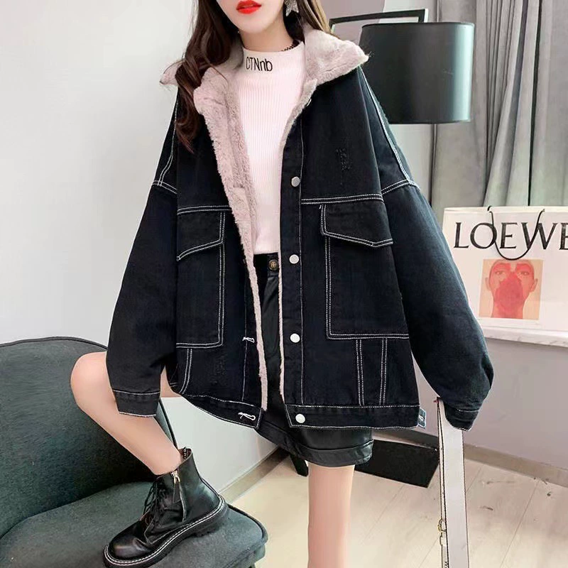 Джинсовая куртка, oversize корейского стиля, с плюшевой подкладкой, тёплая