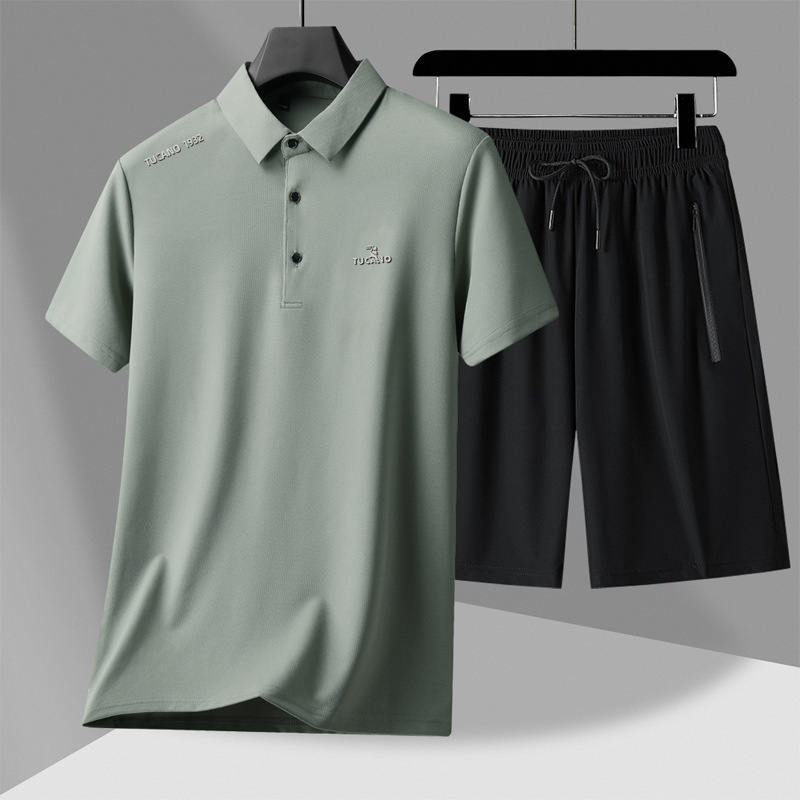Father's Day Summer Ice Silk Short-Sleeved Polo Shirt and Shorts Two-Piece Set for Middle-Aged and Elderly Men, Cool and Comfortable Outfit Father's Day Summer Ice Silk Short-Sleeved Polo Shirt and Shorts Two-Piece Set for Middle-Aged and Elderly Men, Cool and Comfortable Outfit