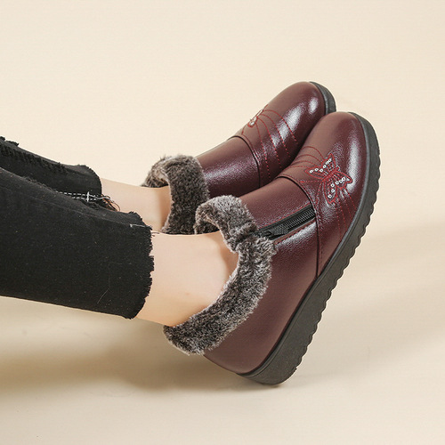 Old Person's Cotton Shoes, Mother's Shoes, Winter Fleece Padding Flat Slip-Resistant Soft Sole Cotton Shoes, Low-Top Leather Cotton Shoes for Middle-Aged and Elderly Women in Winter