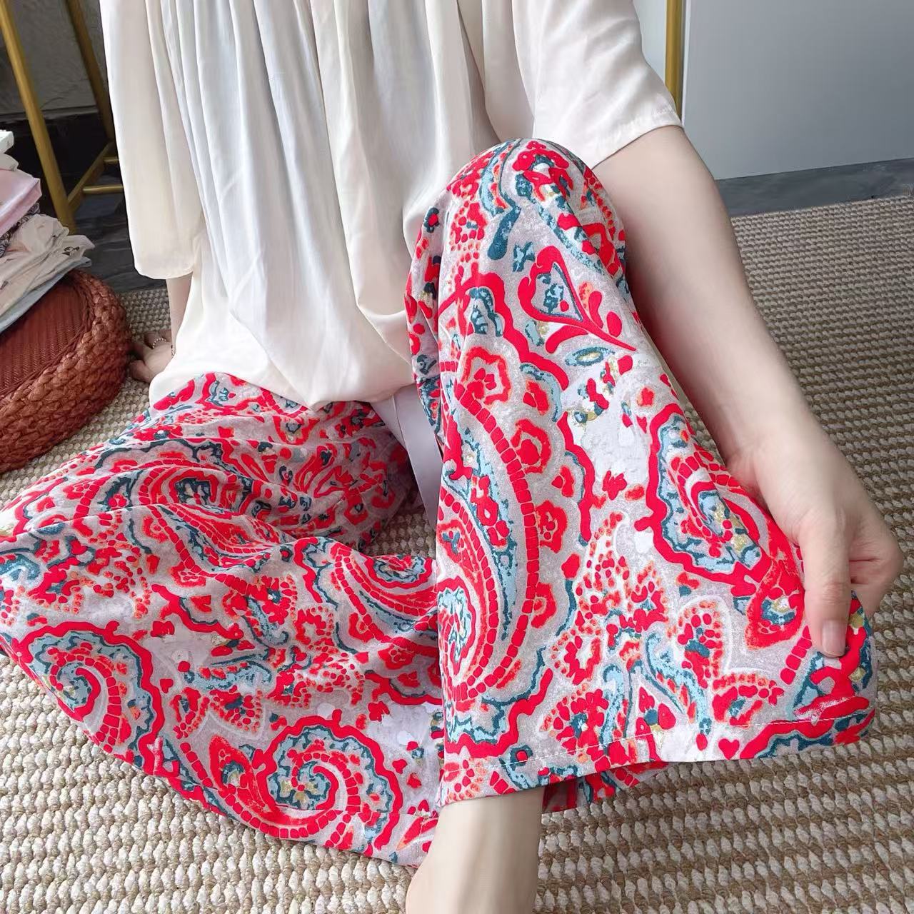 棉绸睡裤女士夏季新款九分高腰阔腿裤网红爆款春秋外穿大码沙滩裤