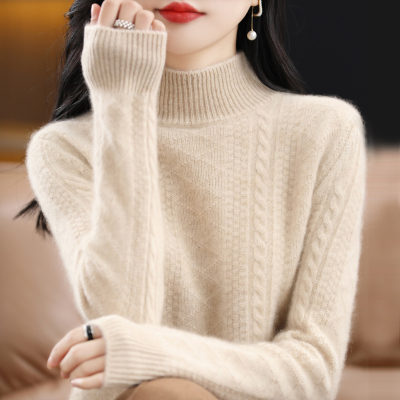 Autumn and Winter New Thickeneded Half Turtleneck Jacquard Versatile Pure Wool Women's High-End Western Style Knitwear Long-Sleeved Loose Knitwear Autumn and Winter New Thickeneded Half Turtleneck Jacquard Versatile Pure Wool Women's High-End Western Style Knitwear Long-Sleeved Loose Knitwear