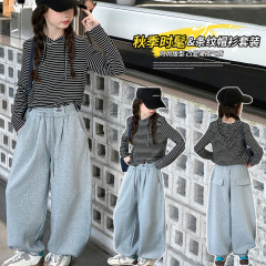 女童2025新款休闲套装秋装洋气中大儿童条纹连帽卫衣弯刀裤两件套