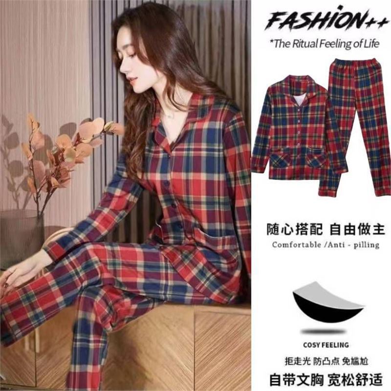 Women's Pajamas with Chest Pad 100 Cotton Spring and Autumn Long Sleeve plus size Women's Cardigan suit Free Bra