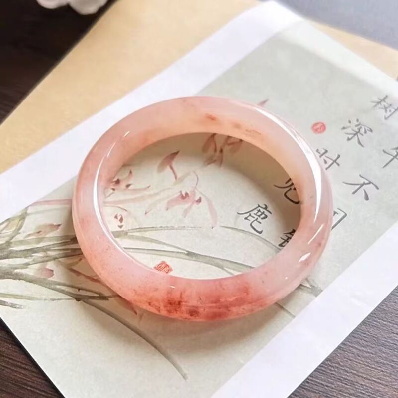 Natural Ice Peach Blossom Glass Imitation Jade Women's Pink Crystal Round Bar Bracelet Bestie's Same Jade Bracelet Han Dynasty Accessories