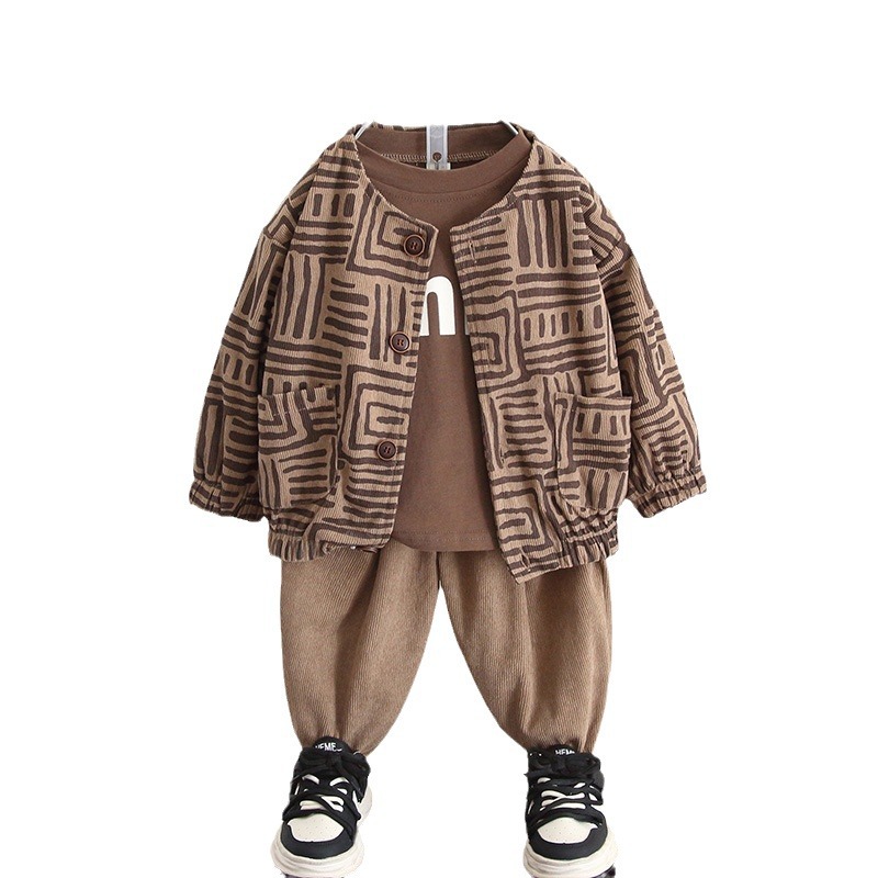 6077 Conjunto de chaqueta de primavera y otoño de estilo occidental para niños 2024 Nuevo traje de tres piezas de cárdigan de pana coreana de otoño para niños