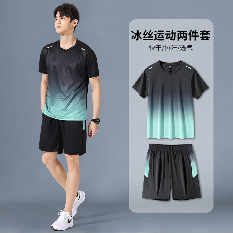 Verano ropa de secado rápida trajes deportivos para hombres correr mangas cortas chaqueta de baloncesto de hielo plumas ropa de fitness pantalones cortos de verano