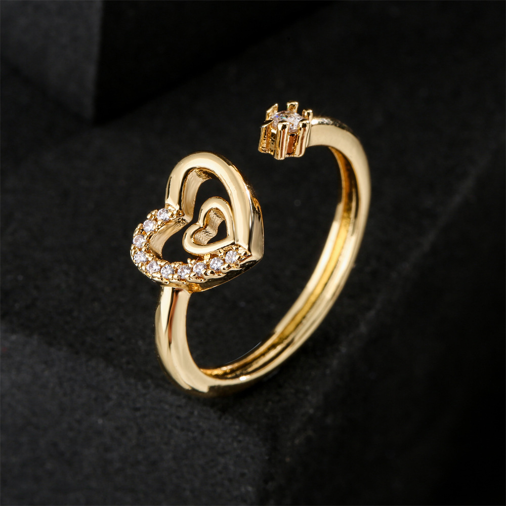 خاتم بتصميم بسيط مطلي بالذهب عيار 18 قيراط على شكل قلب خاتم مفتوح من الزركون display picture 3
