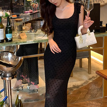 MENGXIANG ▏黑色小飞袖波点气质吊带连衣裙女雪纺性感修身长裙潮