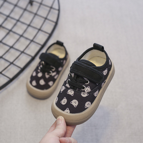 Children's canvas shoes, unisex shoes for girls and boys, bear single shoes, kindergarten indoor shoes with anti-slip, baby shoes for spring and autumn