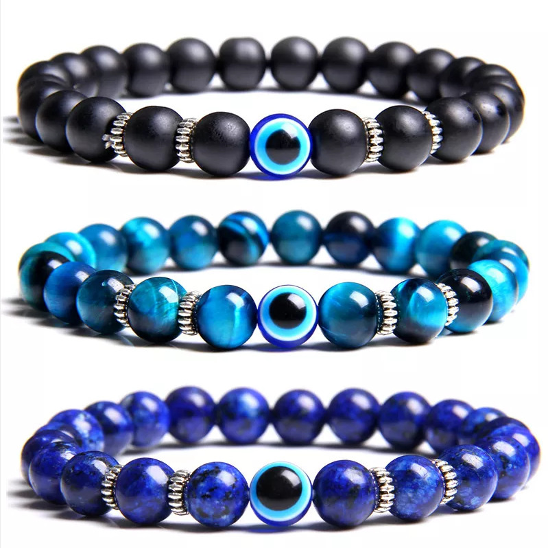 Cross-border European and American Evil Eye Bracelet Natural Stone Blue Devil Eye Charm Bracelet Beads Agate Stone Bracelet