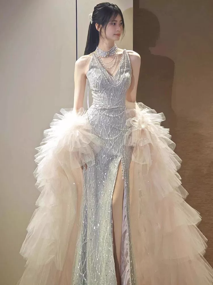 Вечернее платье для банкета для женщин, новинка 2025 года, высококачественное платье с воротником на шее, платье для выступления, платье для тоста, платье для помолвки невесты